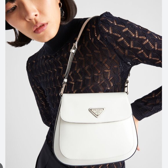 Prada White Cleo Brushed Leather Shoulder Bag with Flap - Picture 2 of 11